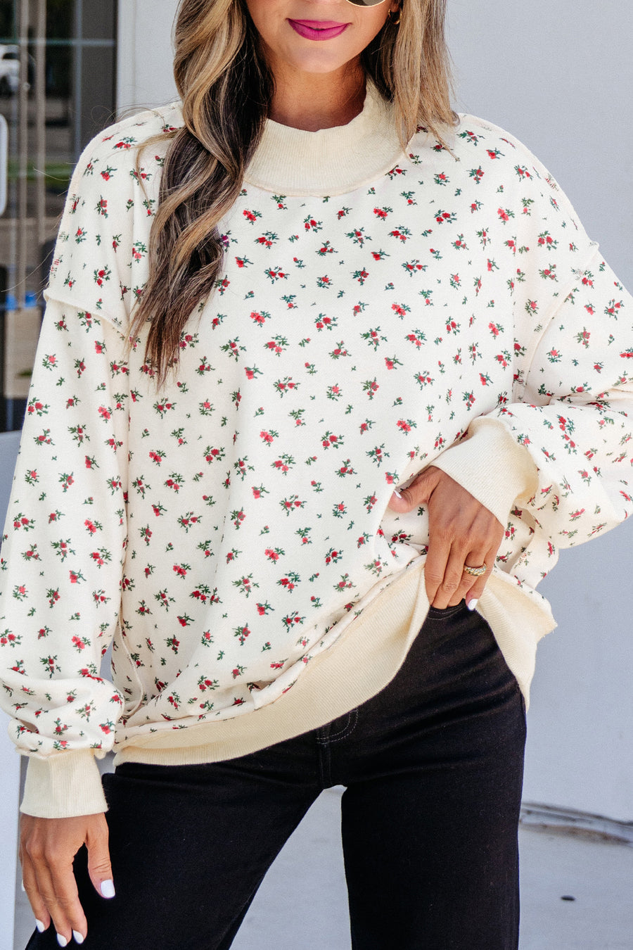 Beige Ribbed Floral Patchwork High Neck Baggy Sweatshirt