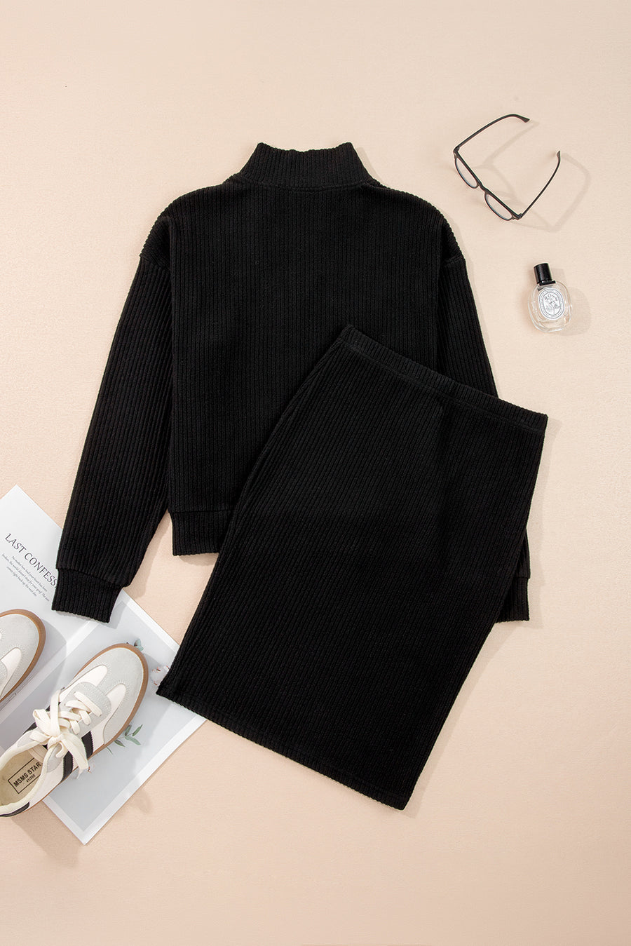 Ribbed Zip Stand Neck Drop Shoulder Pullover Bodycon Skirt Set UK