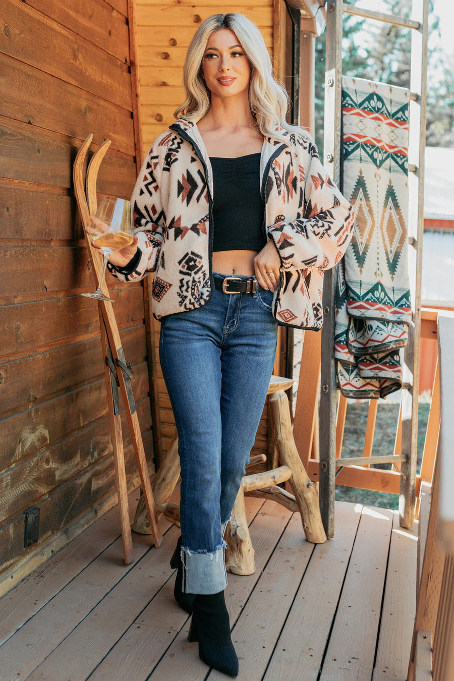 Beige Geometric Print Long Sleeve Shirt Collar Zip-up Placket Binding Tape Jacket