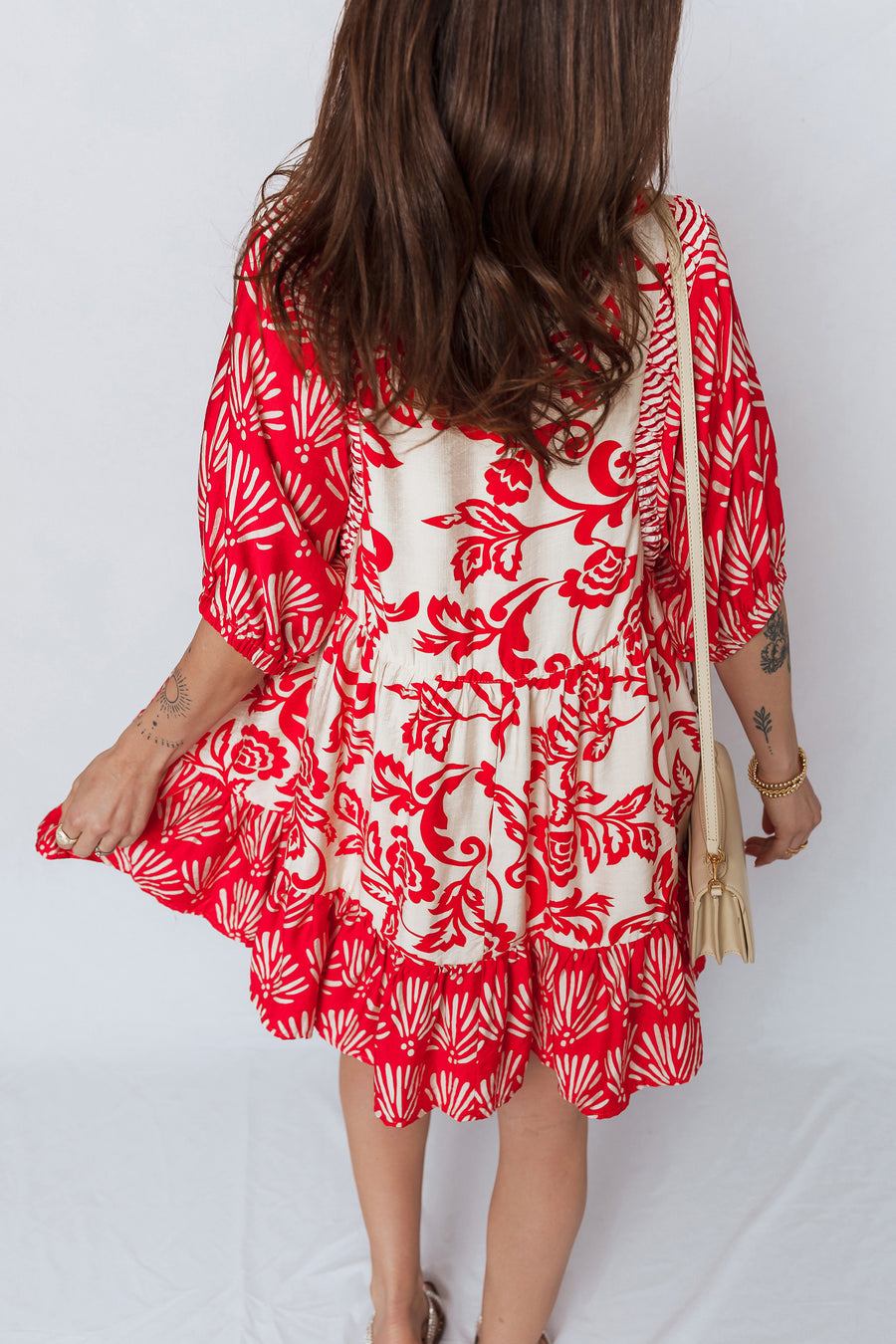 Red Floral Collared V Neck Half Sleeve Loose Mini Dress Women UK — side detail