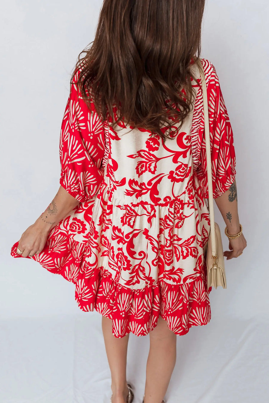Red Floral Collared V Neck Half Sleeve Loose Mini Dress Women UK — side detail