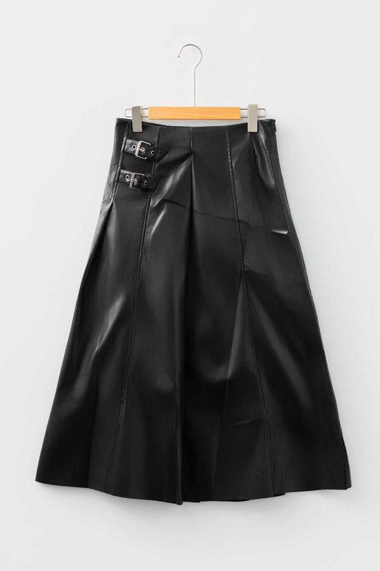 Black Faux Leather Pleated Flared Skirt | FashionFitz product-only front view on hanger, showing structured pleats and dual buckle waist detail.