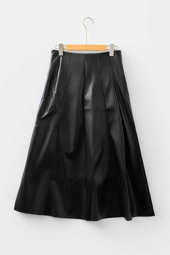 Black Faux Leather Pleated Flared Skirt | FashionFitz back view on hanger, highlighting the smooth PU leather and flared pleated design.