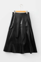 Black Faux Leather Pleated Flared Skirt | FashionFitz back view on hanger, highlighting the smooth PU leather and flared pleated design.