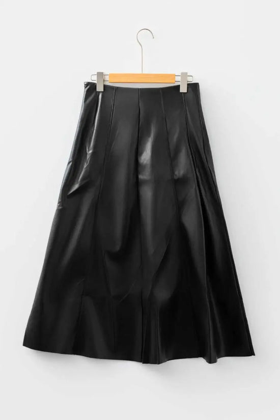 Black Faux Leather Pleated Flared Skirt | FashionFitz back view on hanger, highlighting the smooth PU leather and flared pleated design.