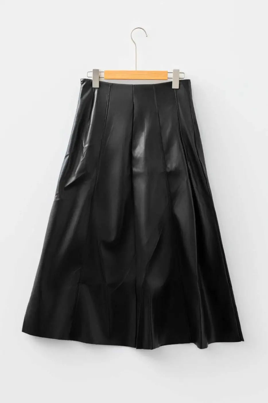 Black Faux Leather Pleated Flared Skirt | FashionFitz back view on hanger, highlighting the smooth PU leather and flared pleated design.