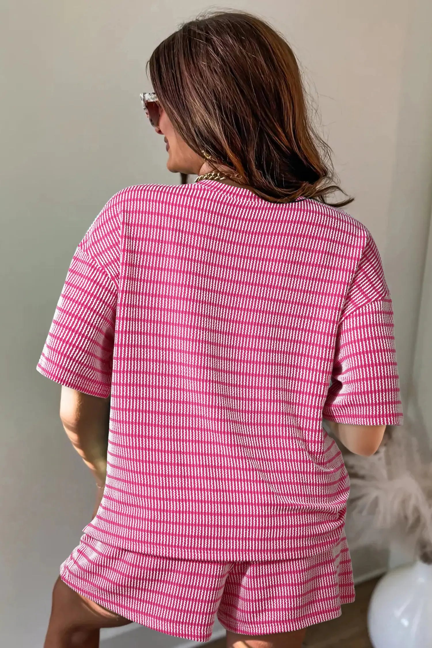 Rose stripe raised rib loose tee drawstring elastic waist 2pcs short set