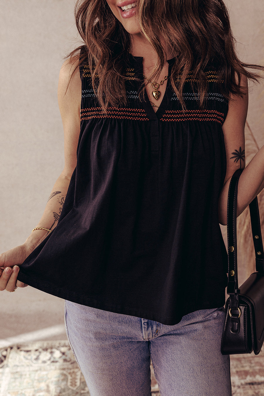 Black Colorful Shirred Yoke Notched V Neck Tank Top