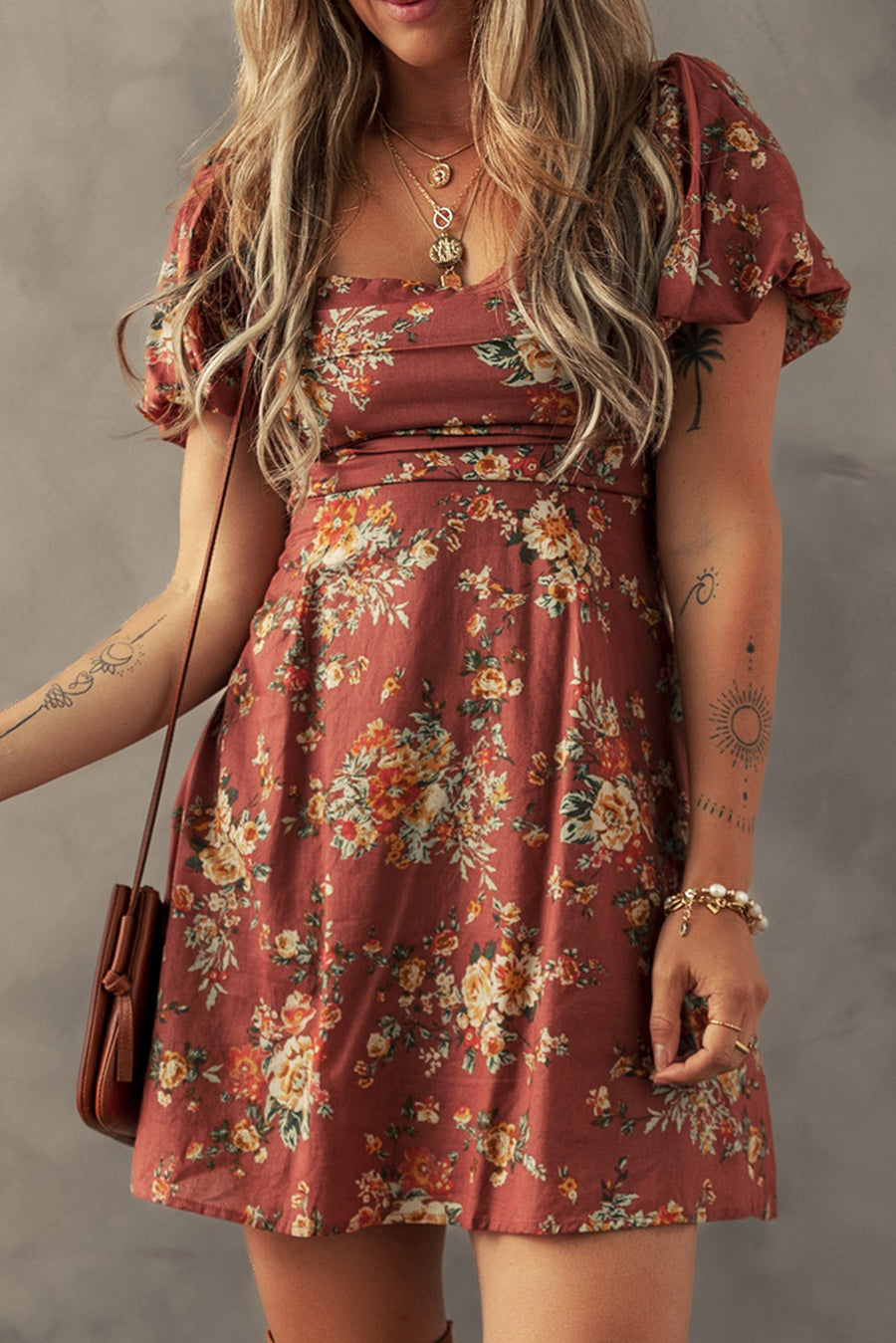 Red Floral Puff Sleeve Square Neck Knot Open Back Mini Dress Women UK