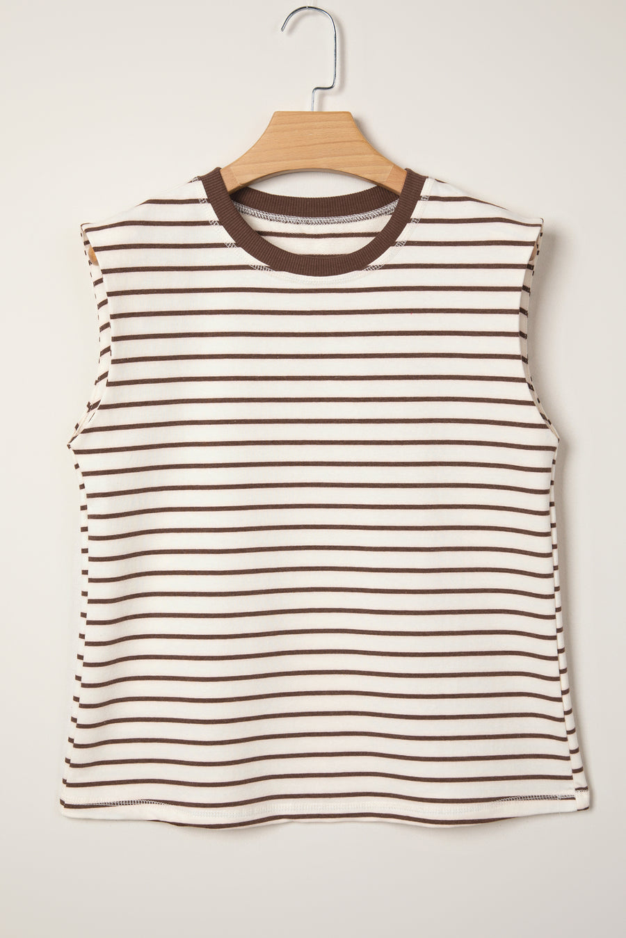 Red Stripe Ribbed Round Neck Trim Loose Tank Top Women UK