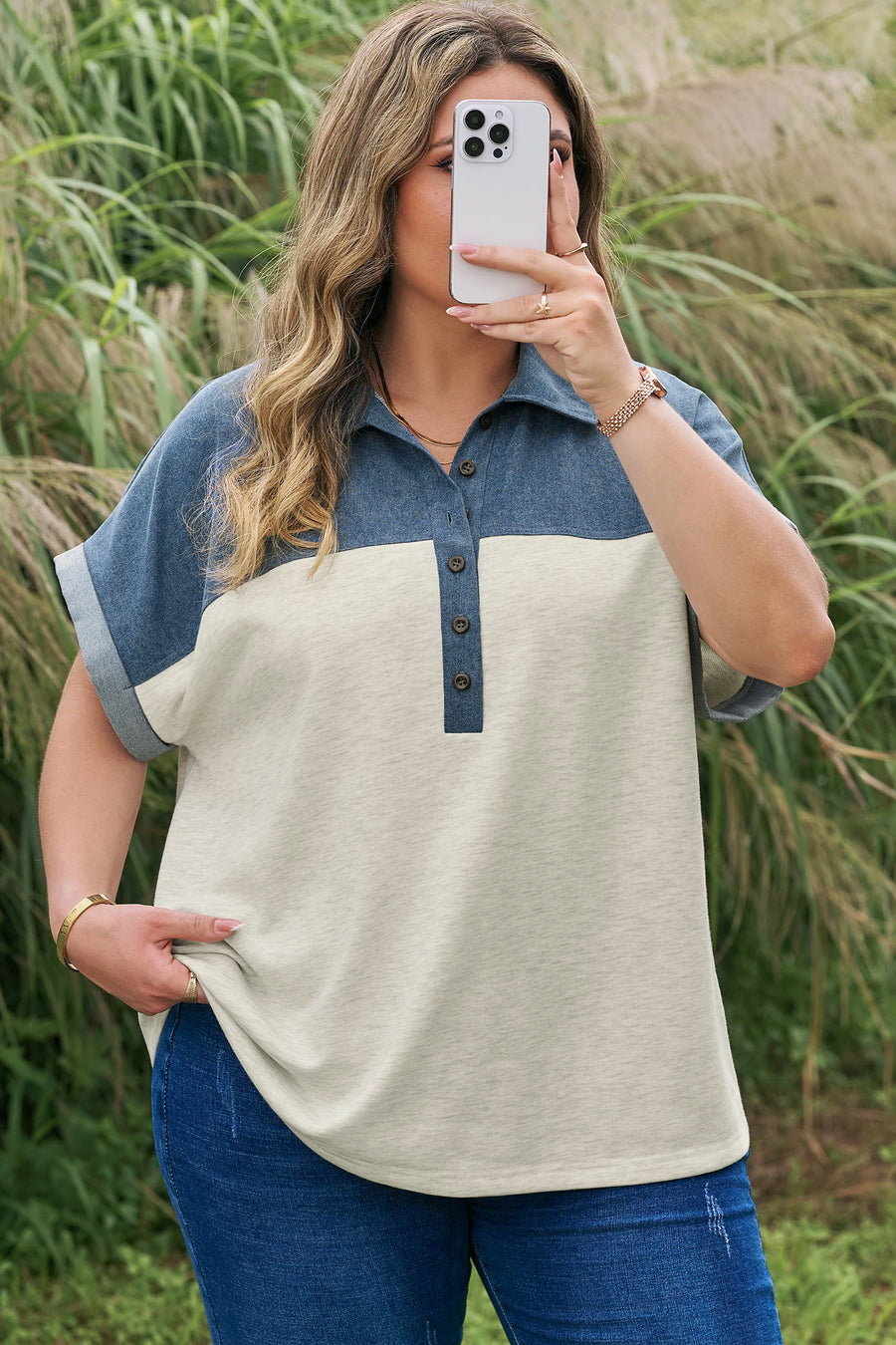 Half Button Collared Denim Patchwork Plus Size Short Sleeve Top UK