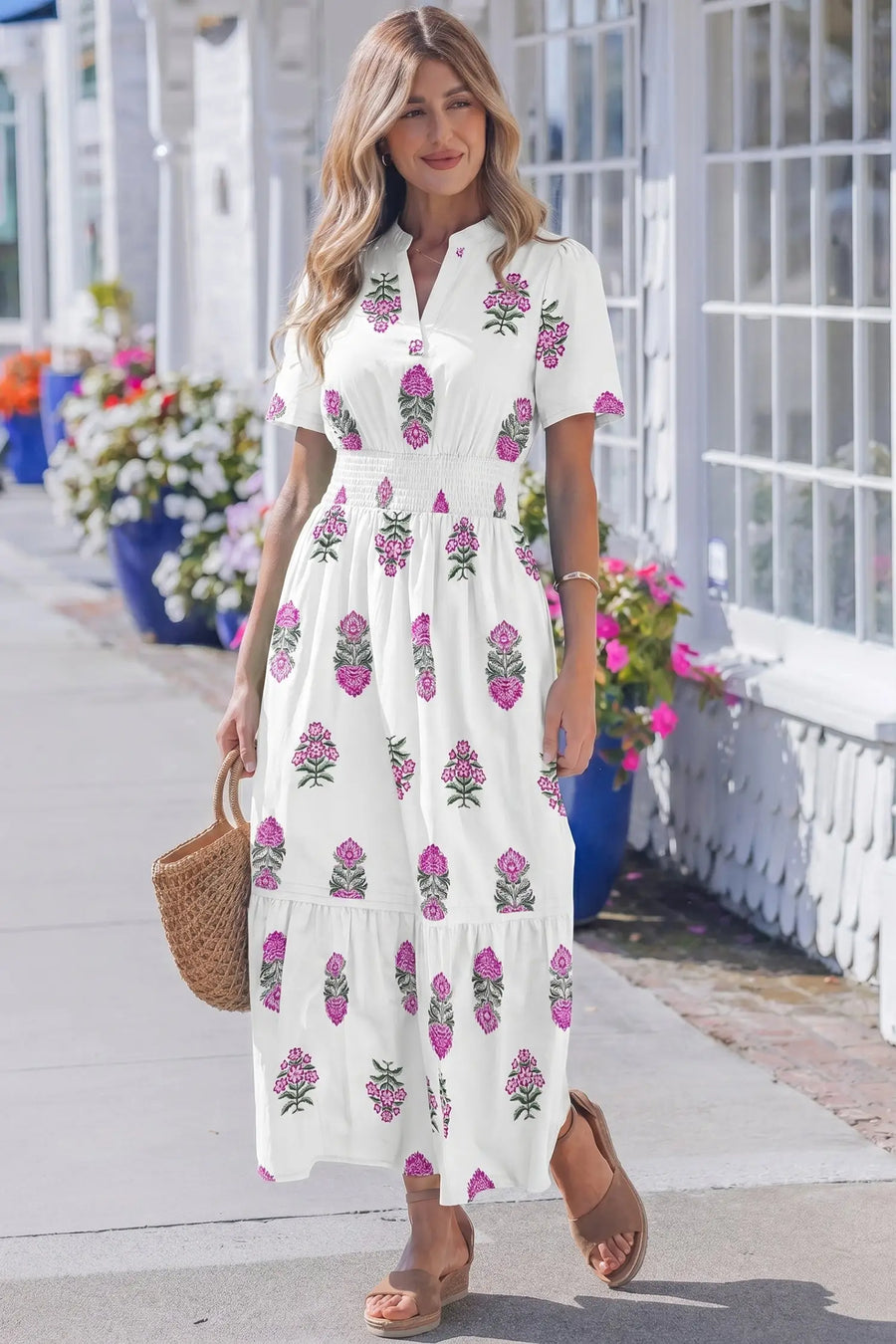 Green Floral Shirred Split Neck Ruffle Hem Maxi Dress Women UK — side view