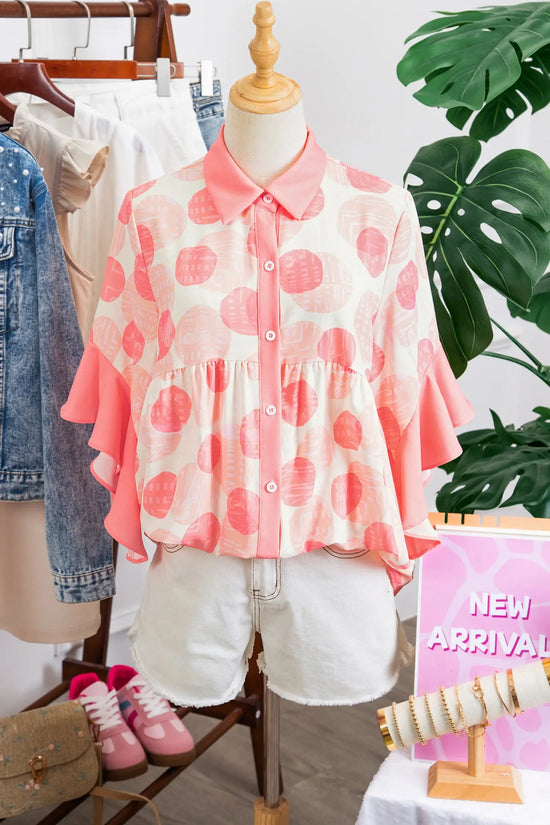 Polka dot ruffle sleeve babydoll shirt button front collar pink shirts