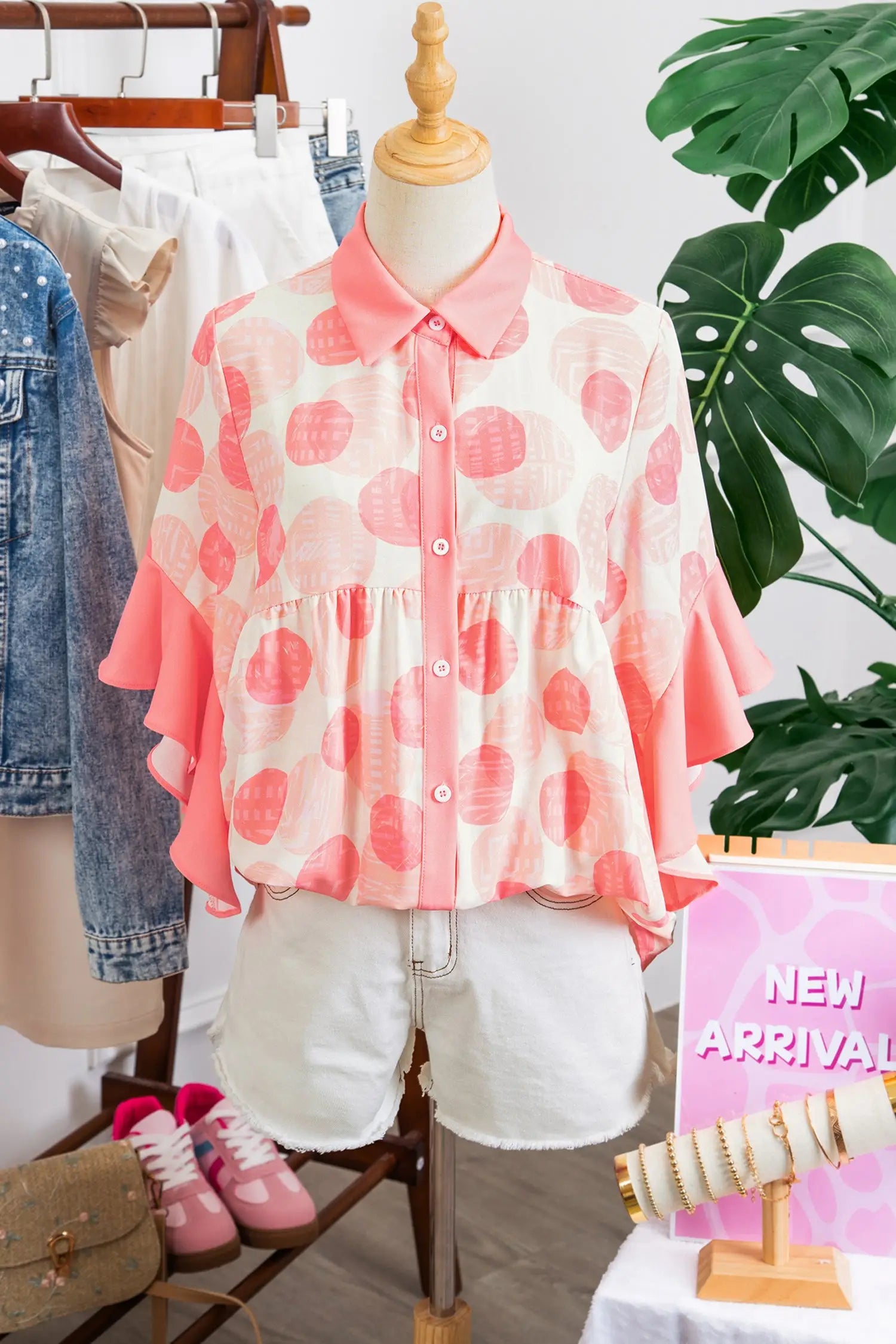 Polka dot ruffle sleeve babydoll shirt button front collar pink shirts