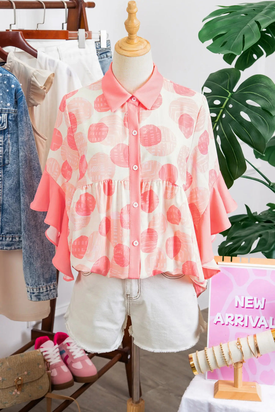 Polka dot ruffle sleeve babydoll shirt button front collar pink shirts