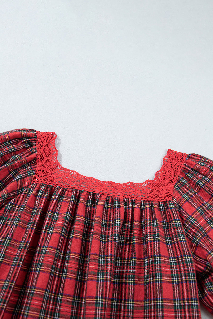 Red Plaid Square Collar Lace Trim Shift Mini Dress Women UK