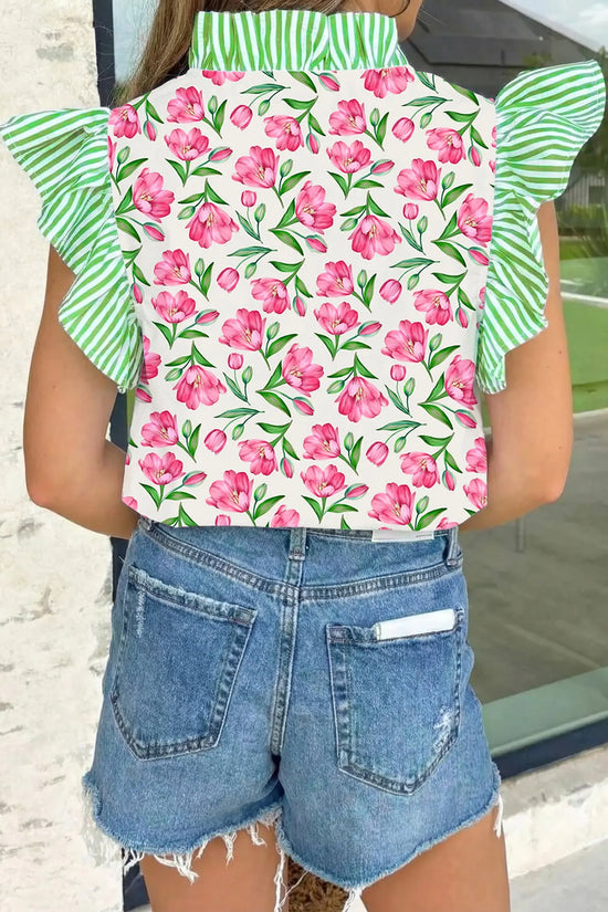 Multicolour sweet floral print striped ruffle trim v neck blouse blouses
