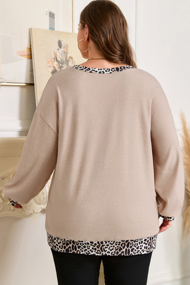 Back view of leopard patchwork V neck long sleeve plus size blouse