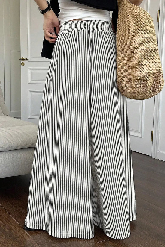 Black stripe elastic waist ultra wide leg pants
