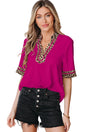 Leopard patchwork split v-neck short sleeve blouse blouses