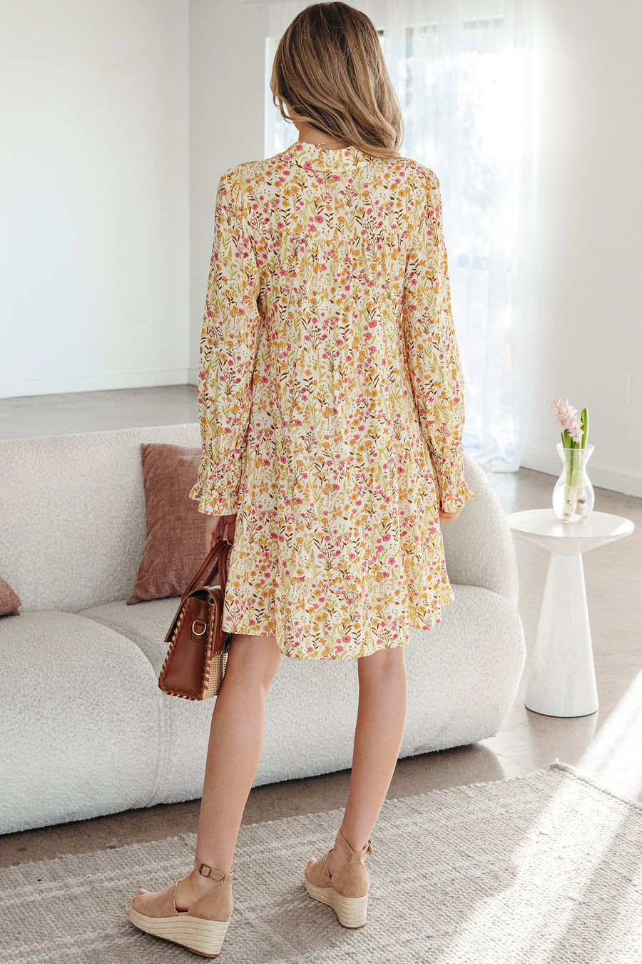 Yellow Floral Frilly Trim Smocked Cuff Long Sleeve Dress Women UK — back view