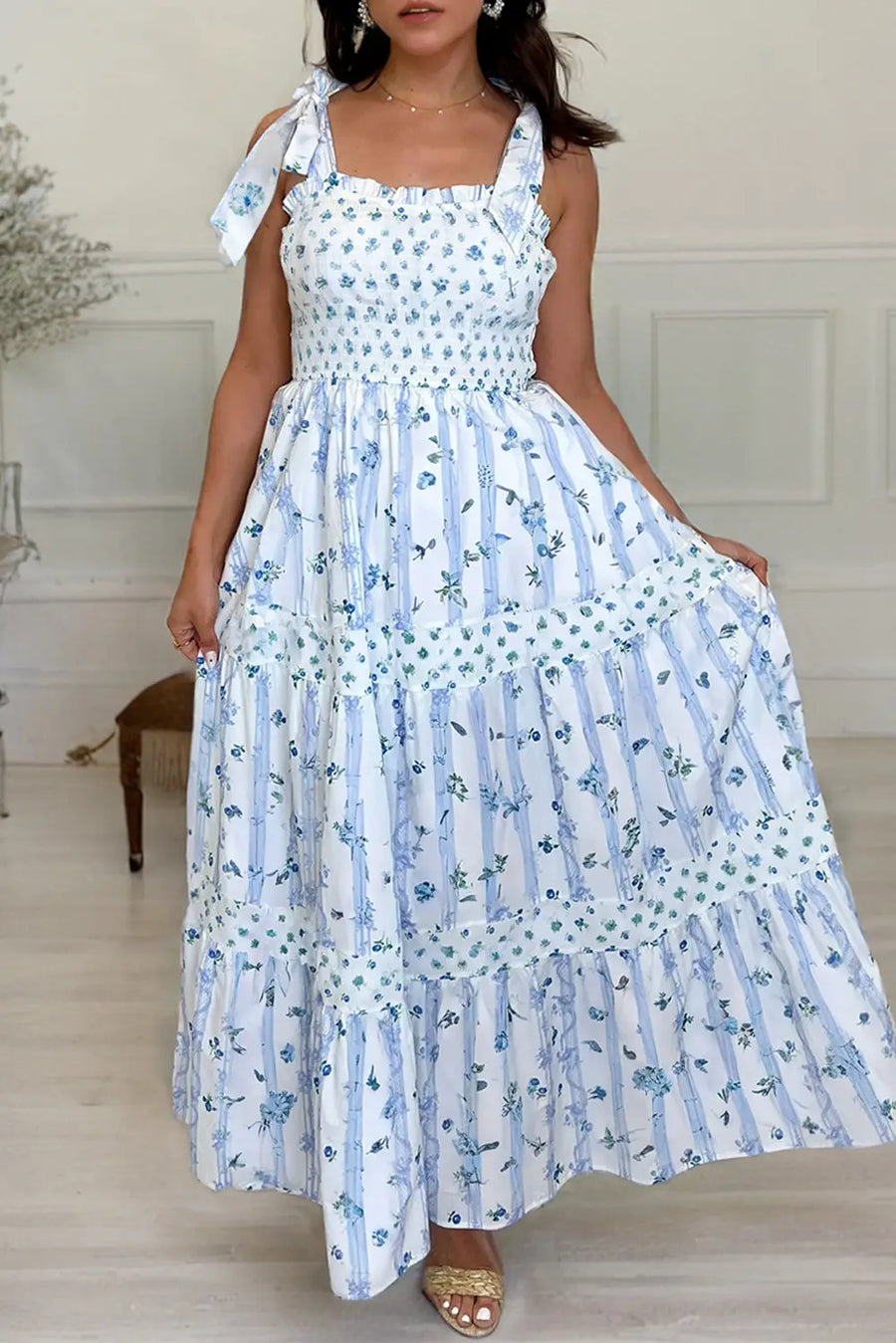 Sky Blue Floral Smocked Tied Straps Tiered Maxi Dress Women UK