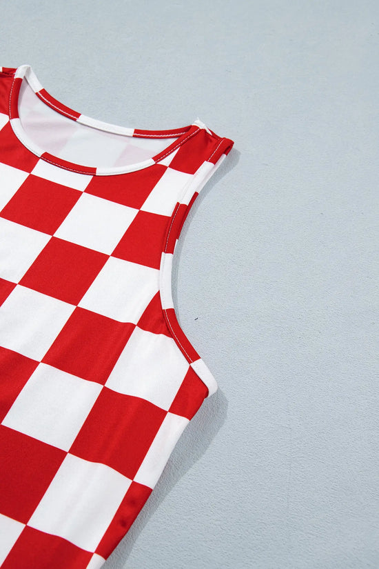 Checkerboard print slim fit sleeveless tank top tops