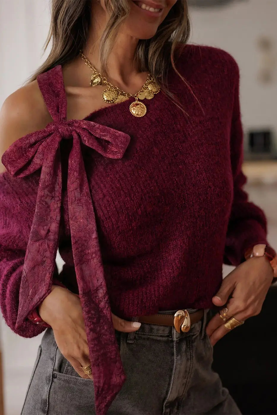 Burgundy lace bow sweater | asymmetric off shoulder jumper sweaters