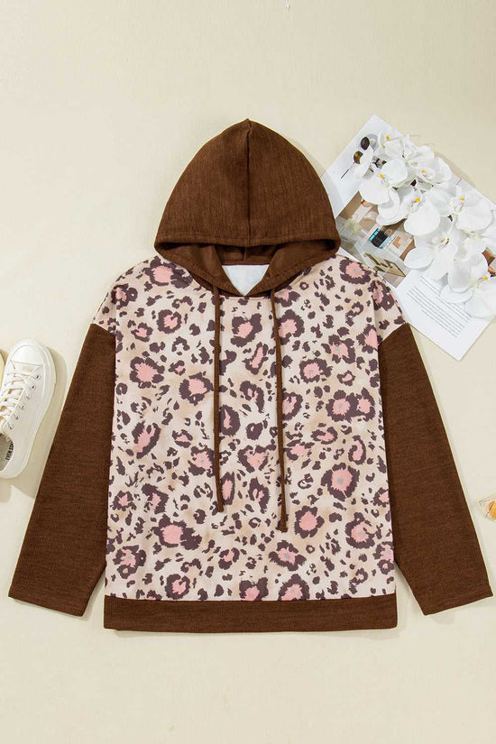 Flat lay of Curve Brown Leopard Knit Panel Hoodie for Women showing full design with brown hood and leopard knit body, plus size fit.