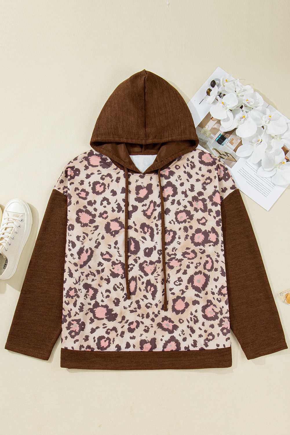 Flat lay of Curve Brown Leopard Knit Panel Hoodie for Women showing full design with brown hood and leopard knit body, plus size fit.