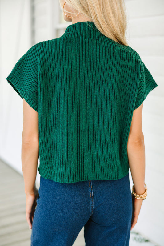 Ribbed Knit Short Sleeve Sweater - Patch Pocket