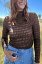 Chicory Coffee Sheer Textured Lace Stand Neck Long Sleeve Top
