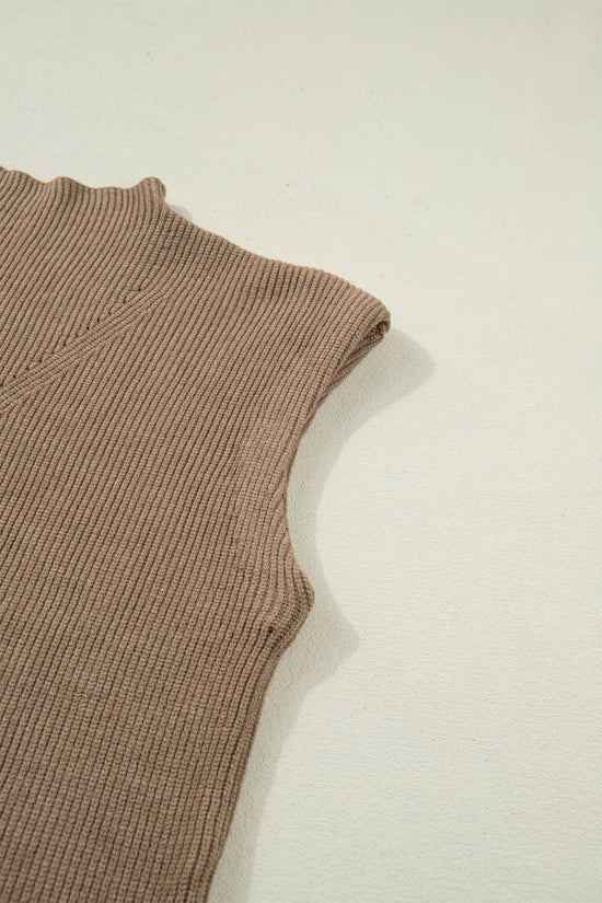 Ribbed knit mock neck sweater vest sleeveless loose fit light french beige sweaters
