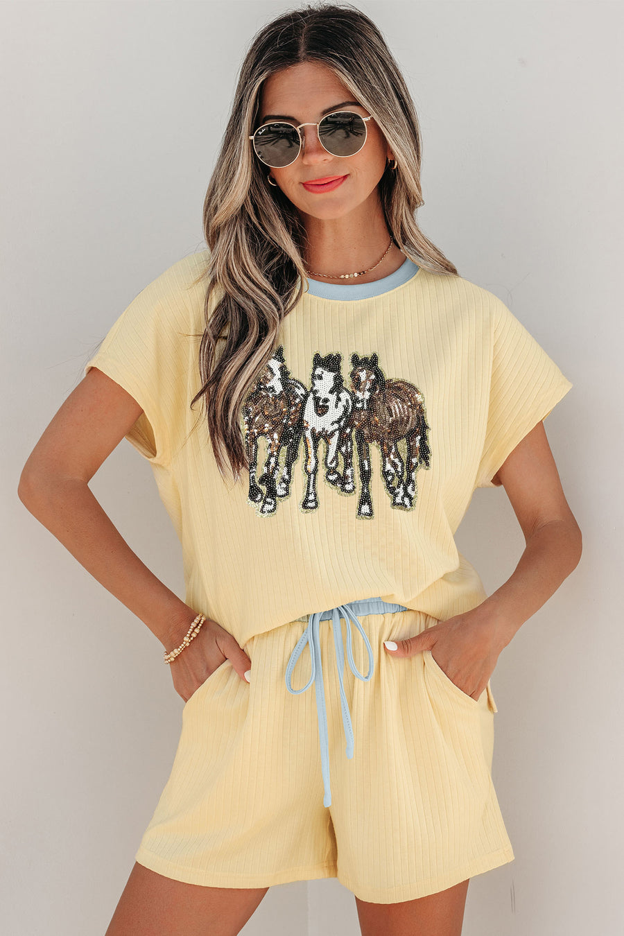 Ribbed Knit Sequin Horse Patch Two Piece Short Set Women UK