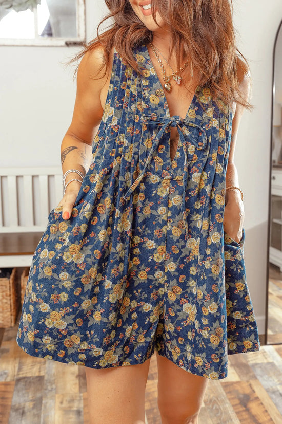 Blue retro floral print bow tie v neck sleeveless pleated loose denim romper