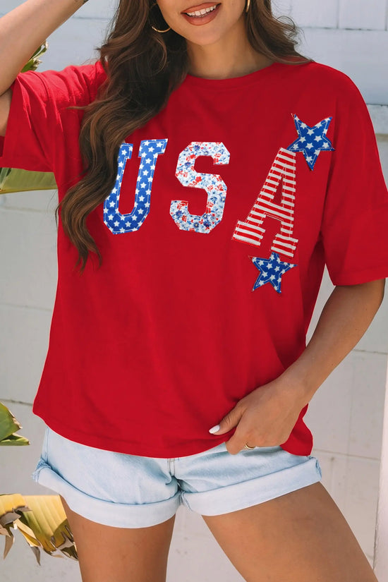 Fiery red USA stars and stripes slogan embroidery T-shirt — front view | Fashionfitz UK