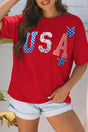 Fiery red USA stars and stripes slogan embroidery T-shirt — front view | Fashionfitz UK