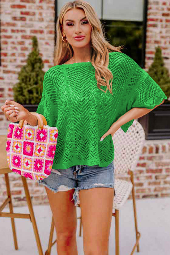 Green Pointelle Knit Scallop Trim Blouse Women UK