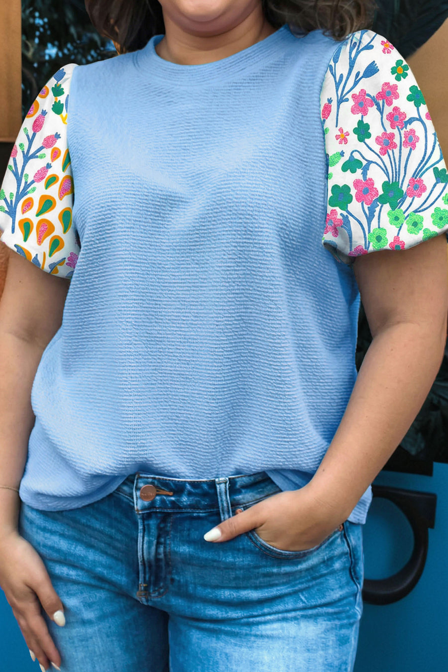 Textured Bodice Contrast Floral Sleeve Plus Size Top Women UK