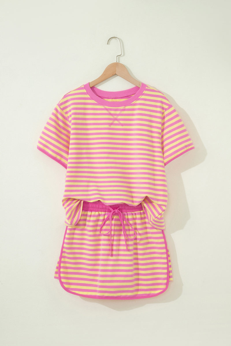 Stripe Short Sleeve Top &amp; Drawstring Skort Set Women UK