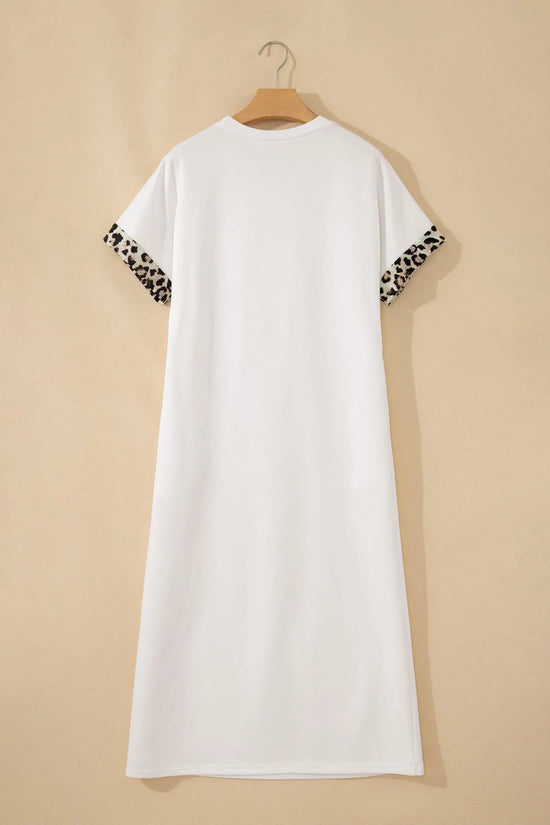 Leopard bow patch short sleeve t-shirt maxi dress thigh slit high waist dresses