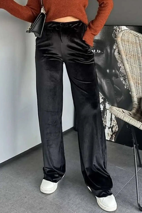 Black velvet straight‑leg drawstring trousers