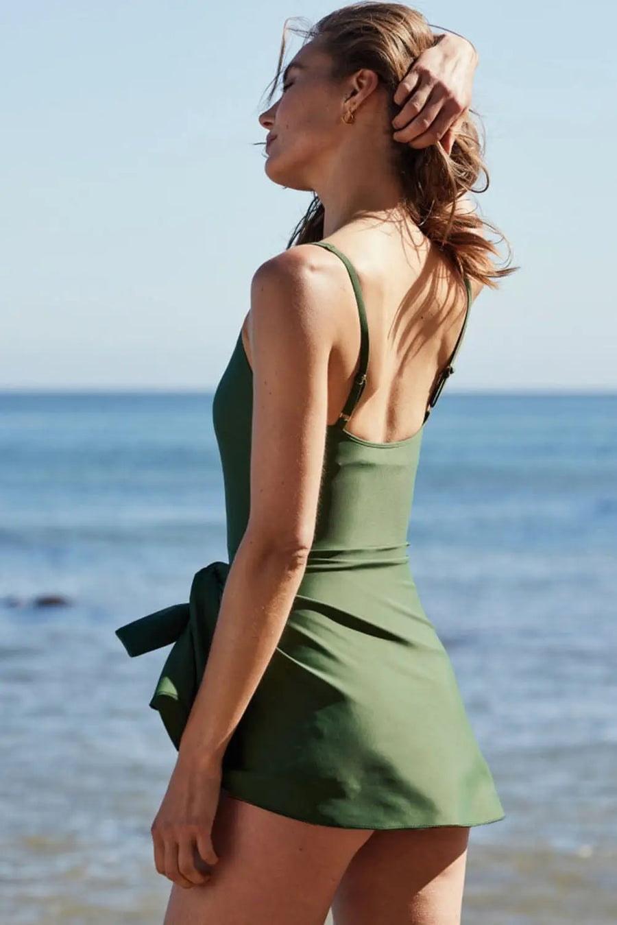 Mist green side tied waist square neck adjustable straps a-line one piece swim dress