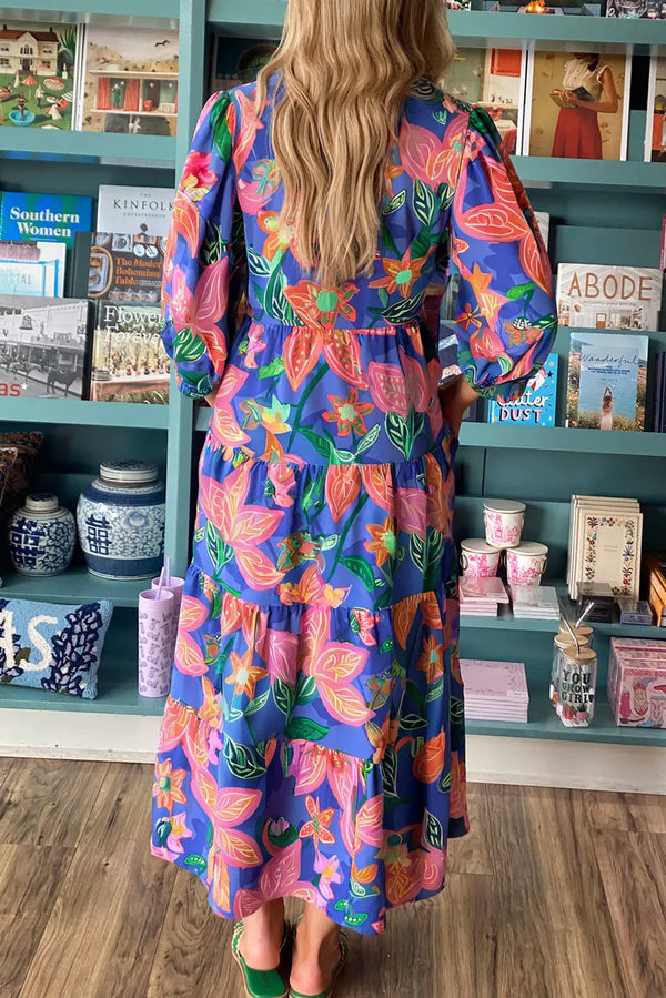 Blue Floral 3/4 Sleeve V Neck Tiered Maxi Dress Women UK