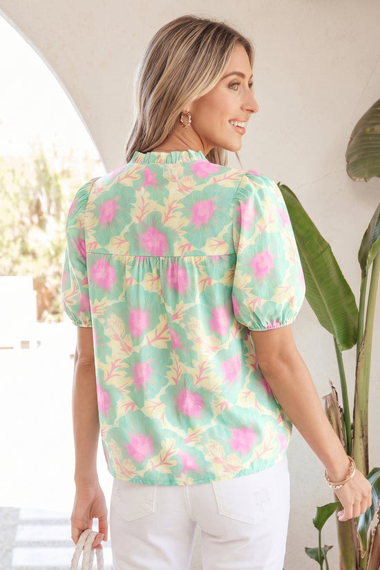 Floral Jacquard Bubble Sleeve Notched V Neck Babydoll Blouse