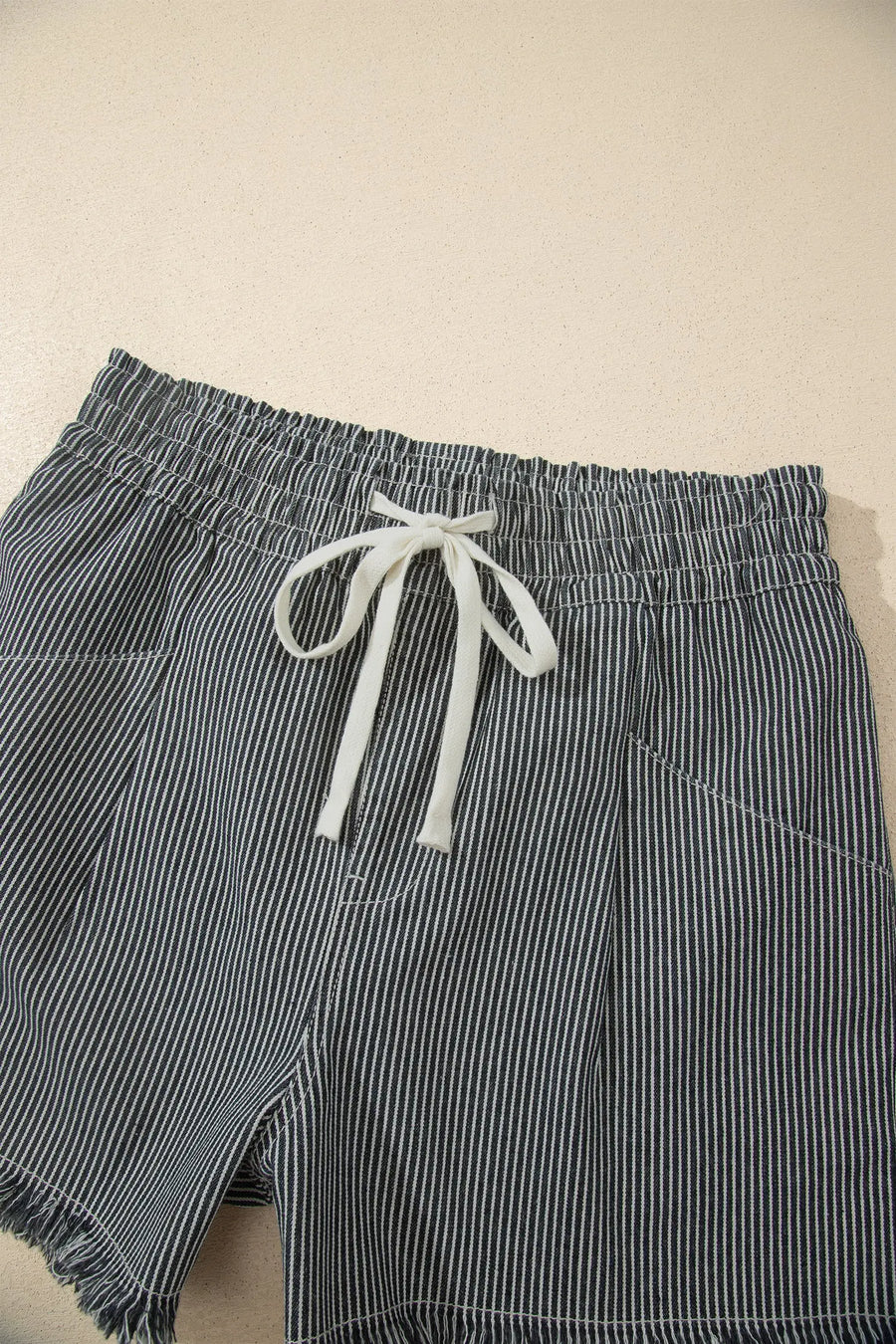 Stripe Raw Edge Drawstring Denim Shorts Women UK — lifestyle shot | Fashionfitz UK