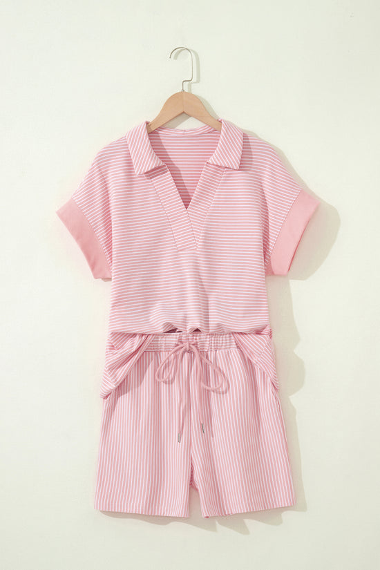 Striped Dolman Sleeve Polo Shirt and Drawstring Shorts Two Piece Set