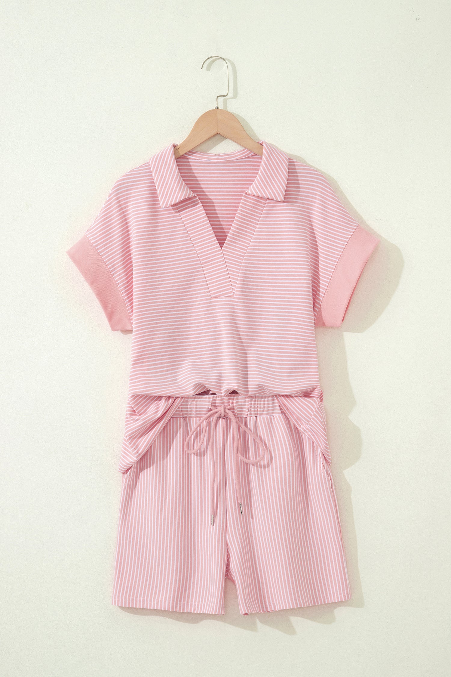 Striped Dolman Sleeve Polo Shirt and Drawstring Shorts Two Piece Set