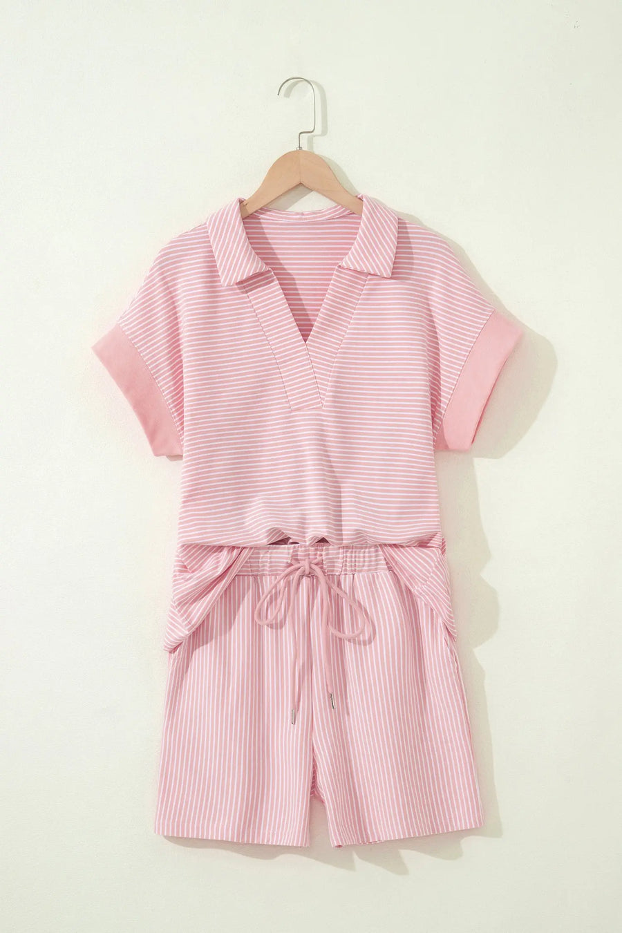 Striped Dolman Sleeve Polo Shirt and Drawstring Shorts Two Piece Set