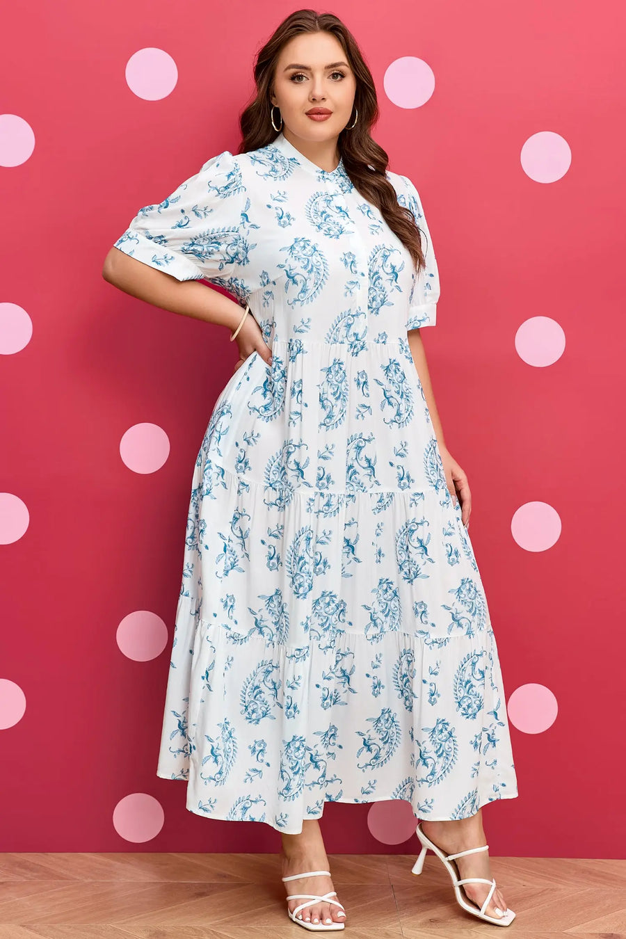 Sky Blue Plus Size Geometric Floral Split Neck Maxi Dress Women UK — full length